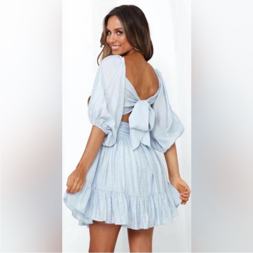 NWT Hello Molly This Is Espionage Light Blue Puff Sleeve Bow Tie Back Dress Med